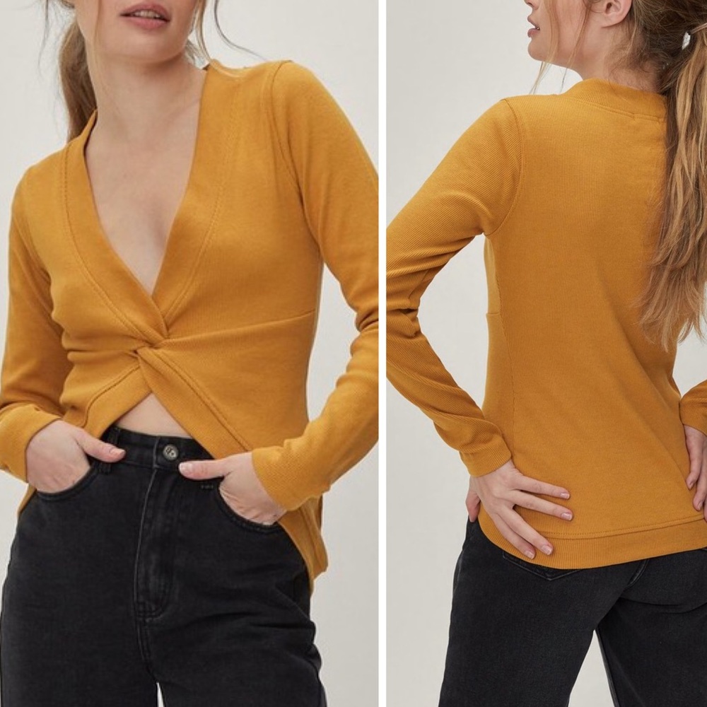 NWT Nasty Gal Twisted Front Mustard Hold Ribbed Knit Long Sleeve Top